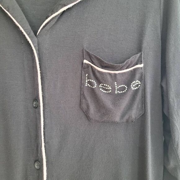 Bebe black & pink bedazzled button up pajama top super soft loungewear - Picture 4 of 8